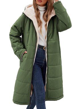 Reversible Long Winter Puffer Coat with Hood & Fleece Lining for Women